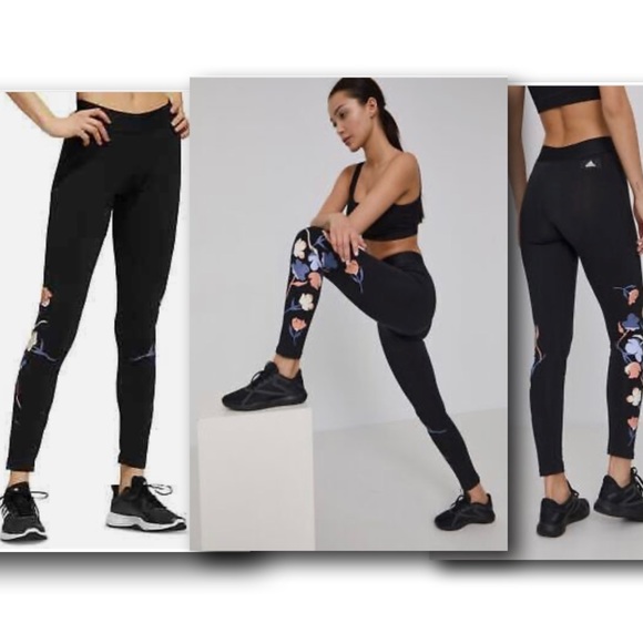 Adidas Floral Theme Leggings exposed elastic waistband Size-S NWOT - Picture 3 of 16